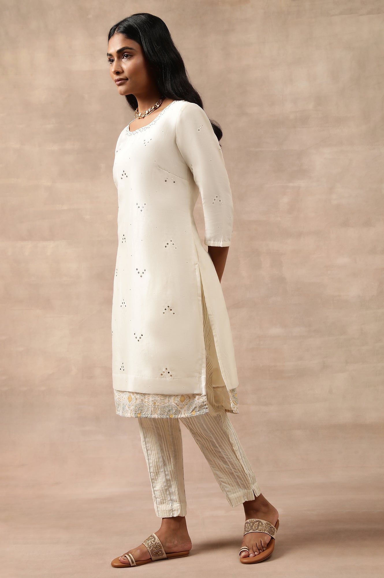 Ecru Cotton Silk Mukaish Embroidered kurta