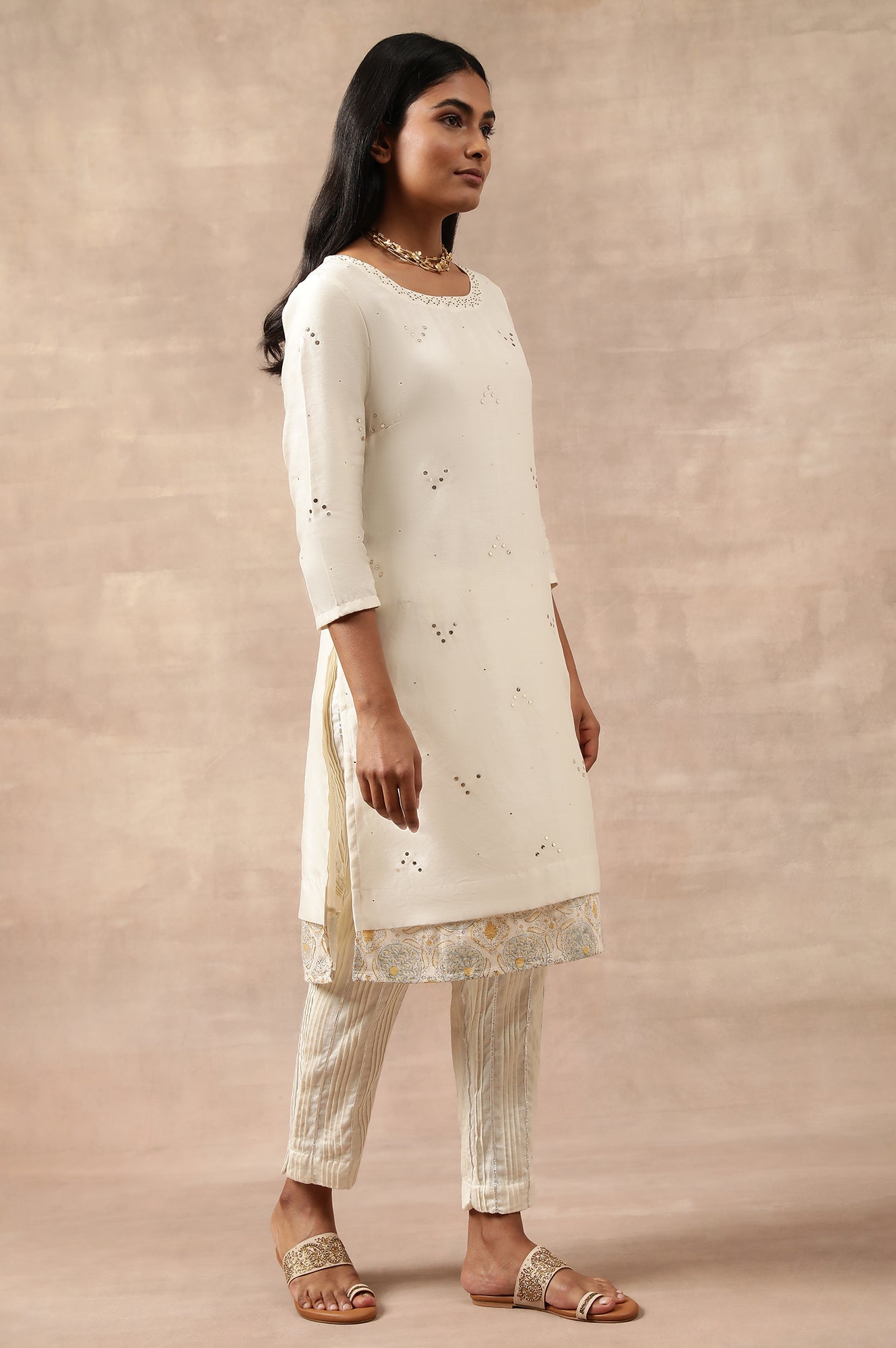 Ecru Cotton Silk Mukaish Embroidered kurta