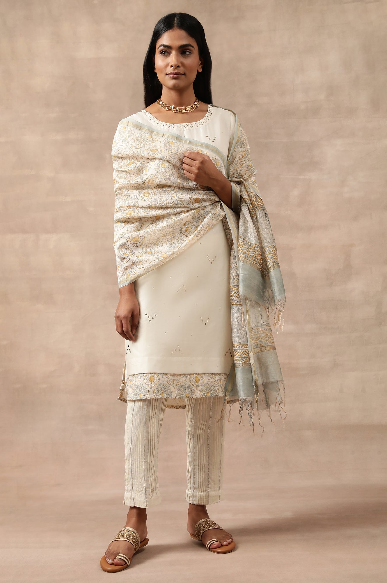 Ecru Cotton Silk Mukaish Embroidered kurta
