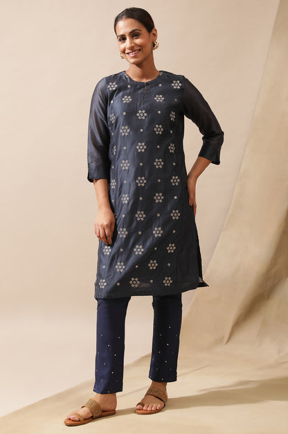 Navy Blue Embroidered Kurta In Cotton Silk