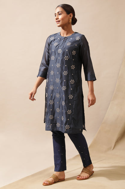 Navy Blue Embroidered Kurta In Cotton Silk