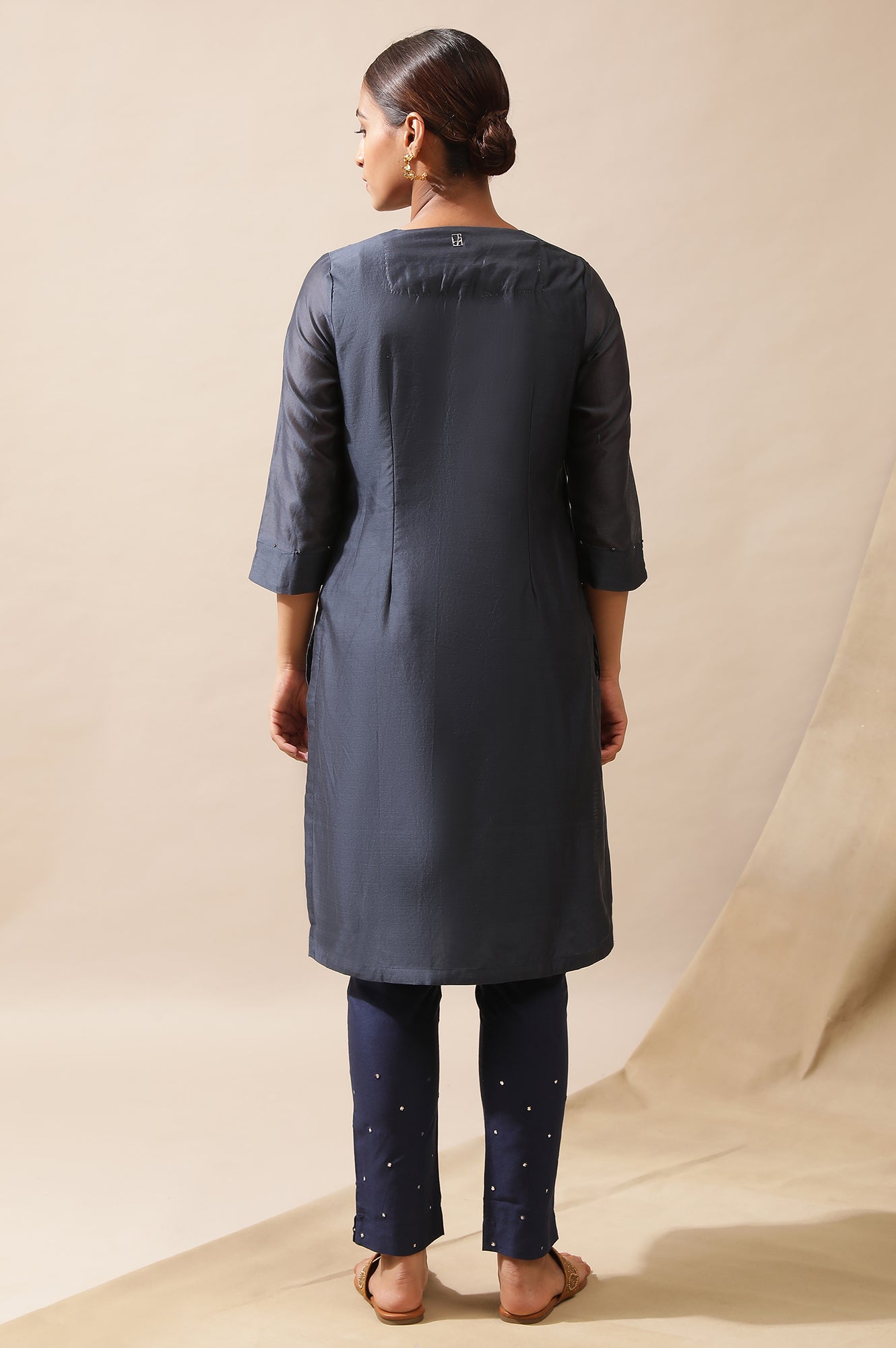 Navy Blue Embroidered Kurta In Cotton Silk