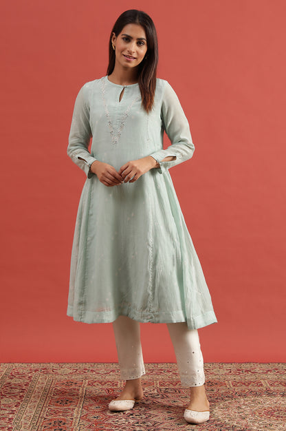 Light Blue Hand Block Print Flared Kurta