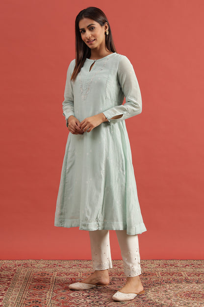 Light Blue Hand Block Print Flared Kurta