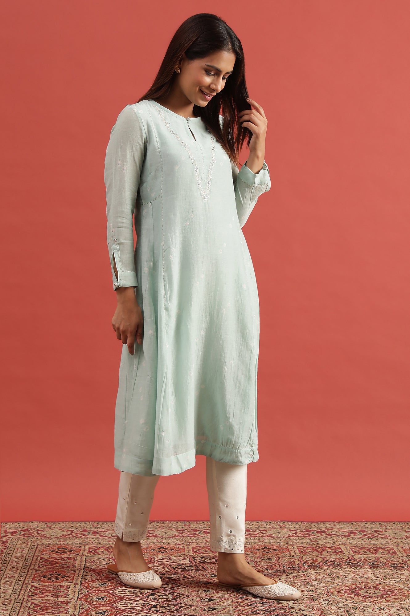 Light Blue Hand Block Print Flared Kurta