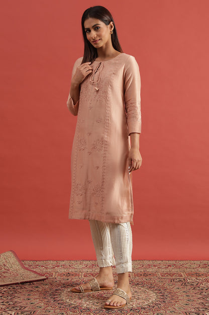 Light Pink Chikankari Kurta In Cotton Silk