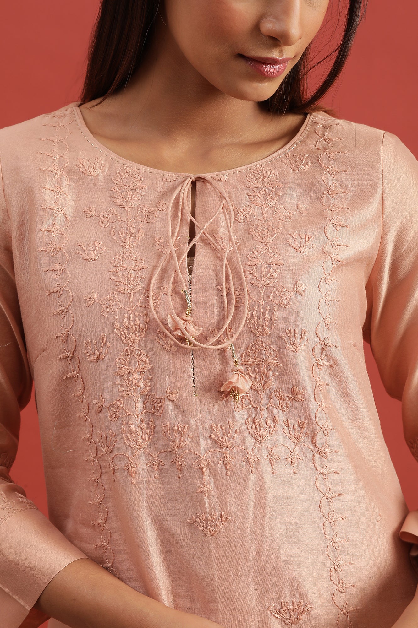 Light Pink Chikankari Kurta In Cotton Silk