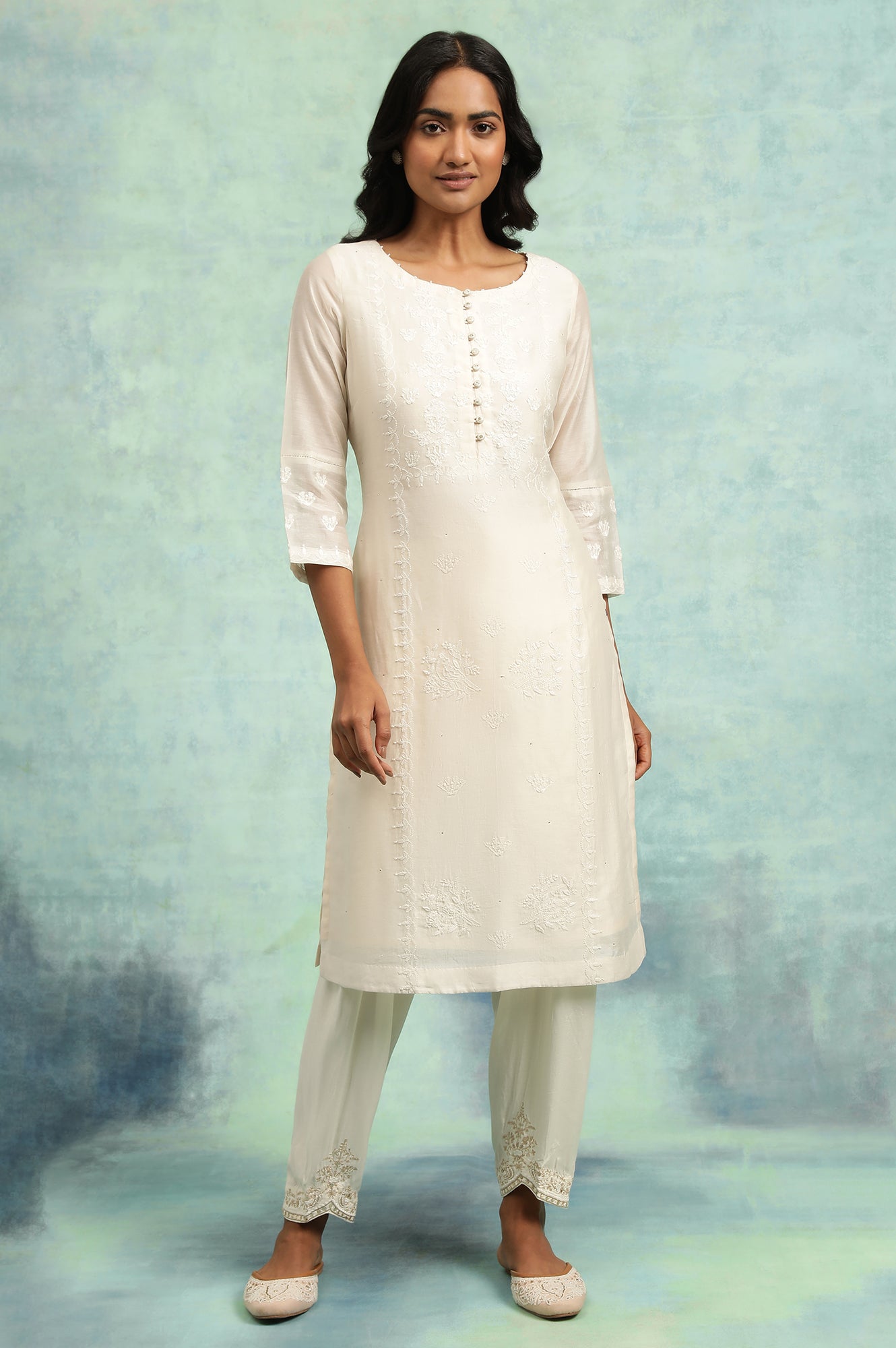 Ecru Cotton Silk Chikankari kurta