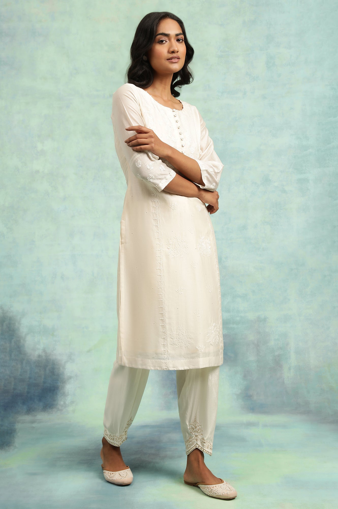 Ecru Cotton Silk Chikankari kurta