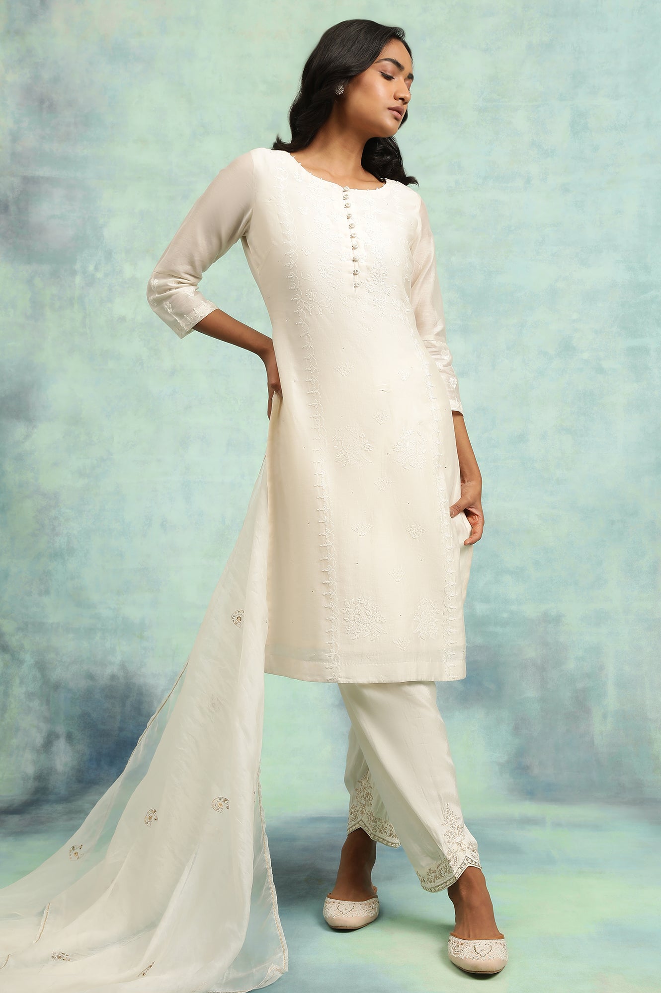 Ecru Cotton Silk Chikankari kurta