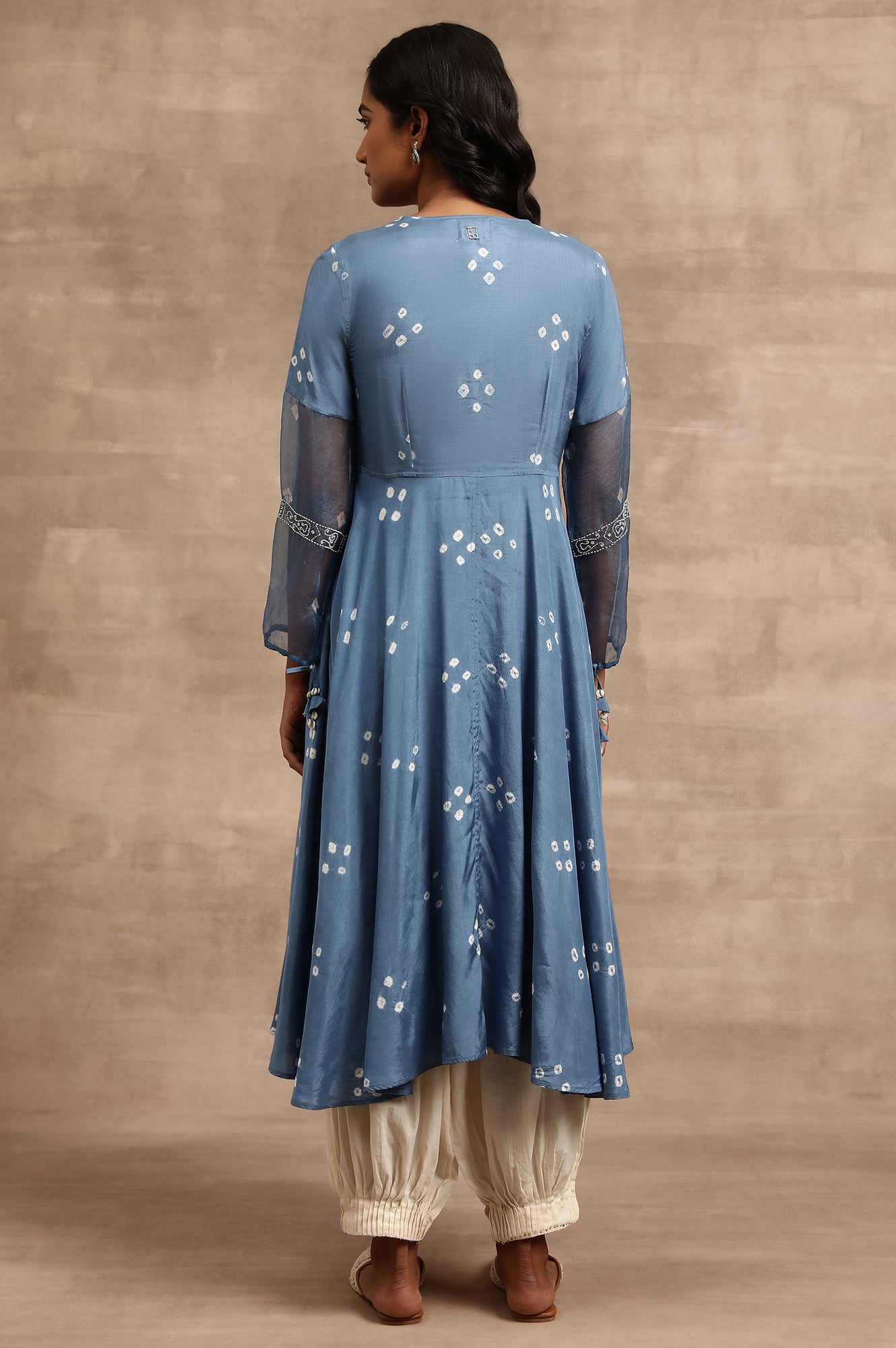 Indigo Hand Block Print Dress With Organza Sleeves