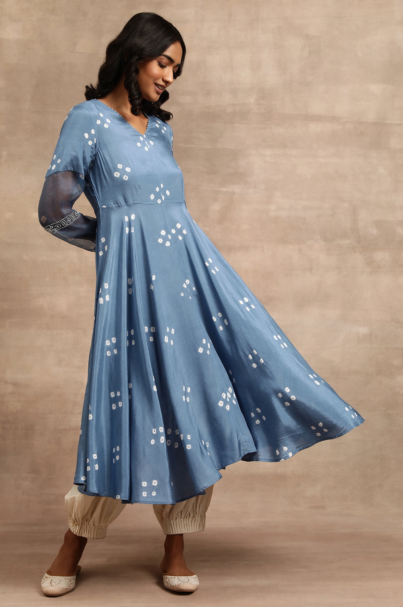 Indigo Hand Block Print Dress With Organza Sleeves