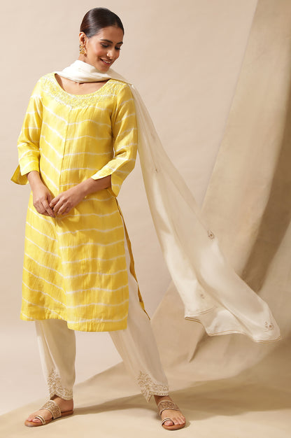 Yellow Cotton Silk Lehariya Kurta With Mukaish Embroidery