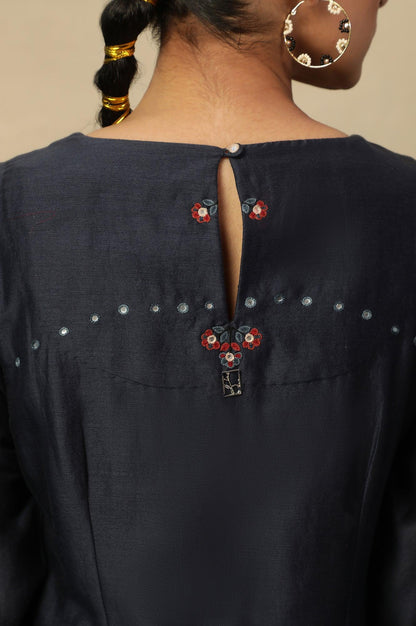 Dark Blue Embroidered Cotton Silk Kurta - wforwoman