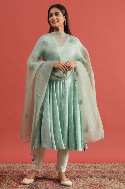 Green Hand Block Print Dress With Organza Sleeves