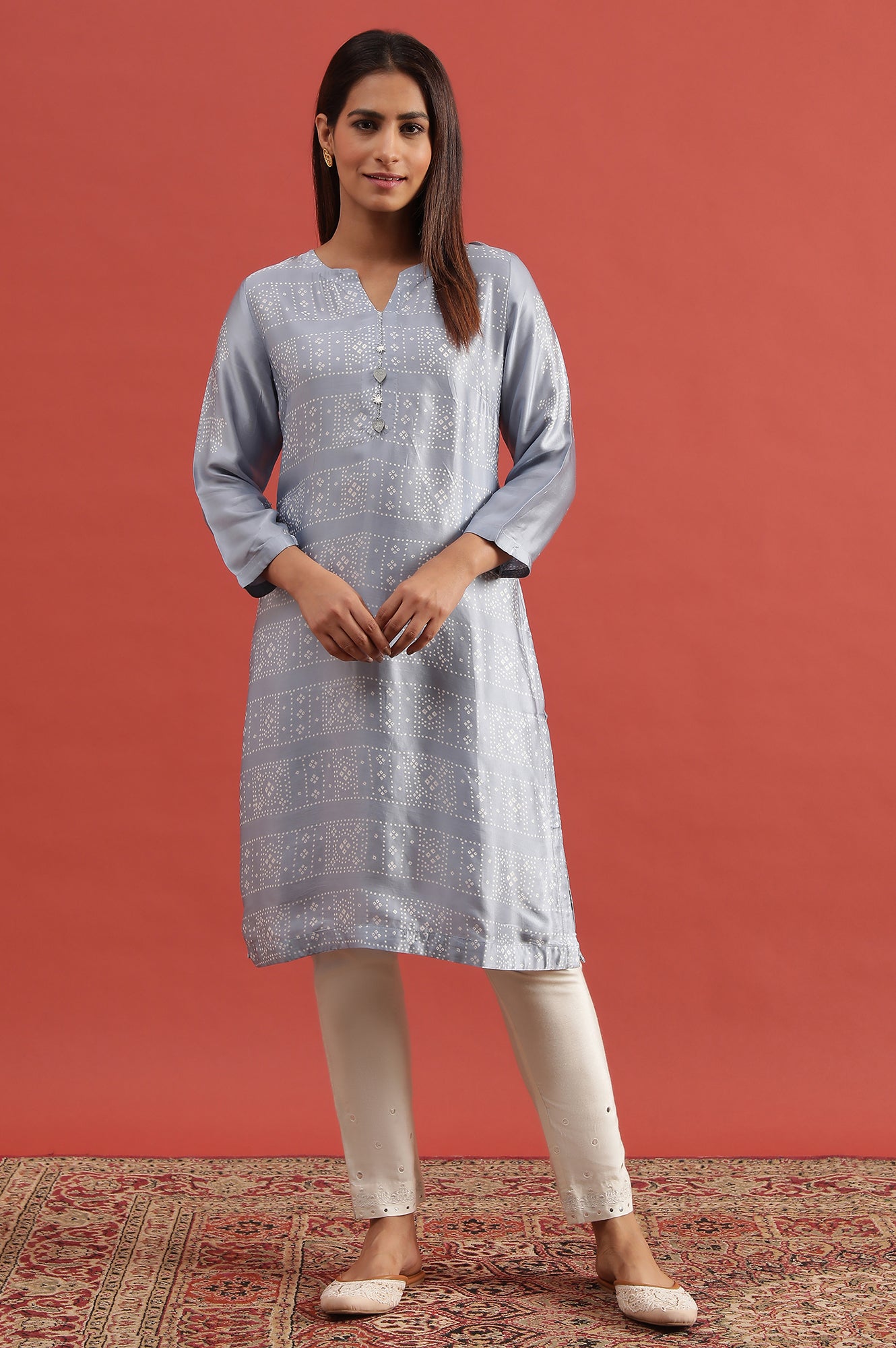 Blue Lustrous Hand Block Print Satin Kurta