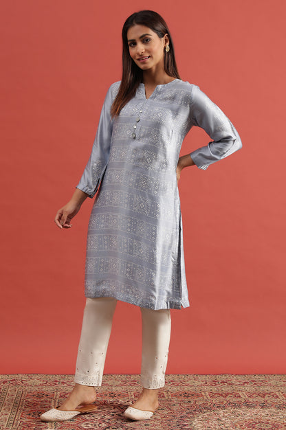 Blue Lustrous Hand Block Print Satin Kurta