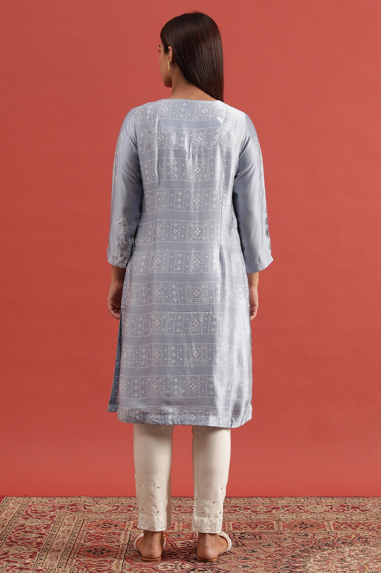 Blue Lustrous Hand Block Print Satin Kurta