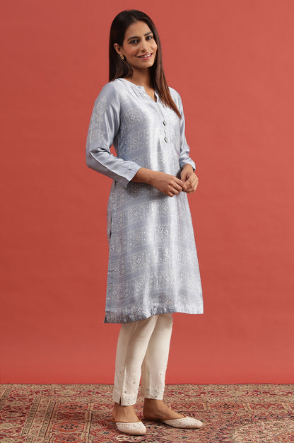 Blue Lustrous Hand Block Print Satin Kurta