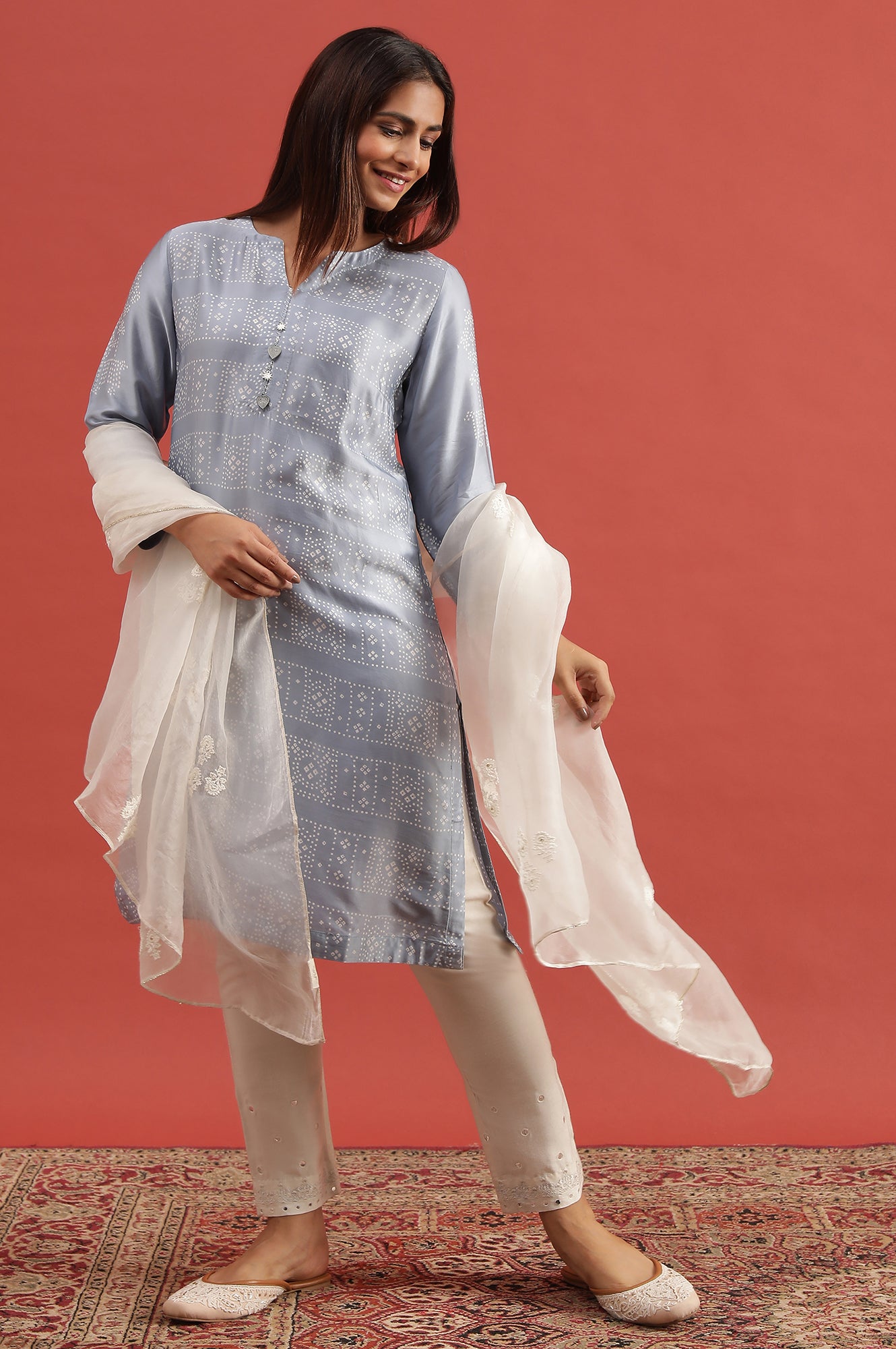 Blue Lustrous Hand Block Print Satin Kurta