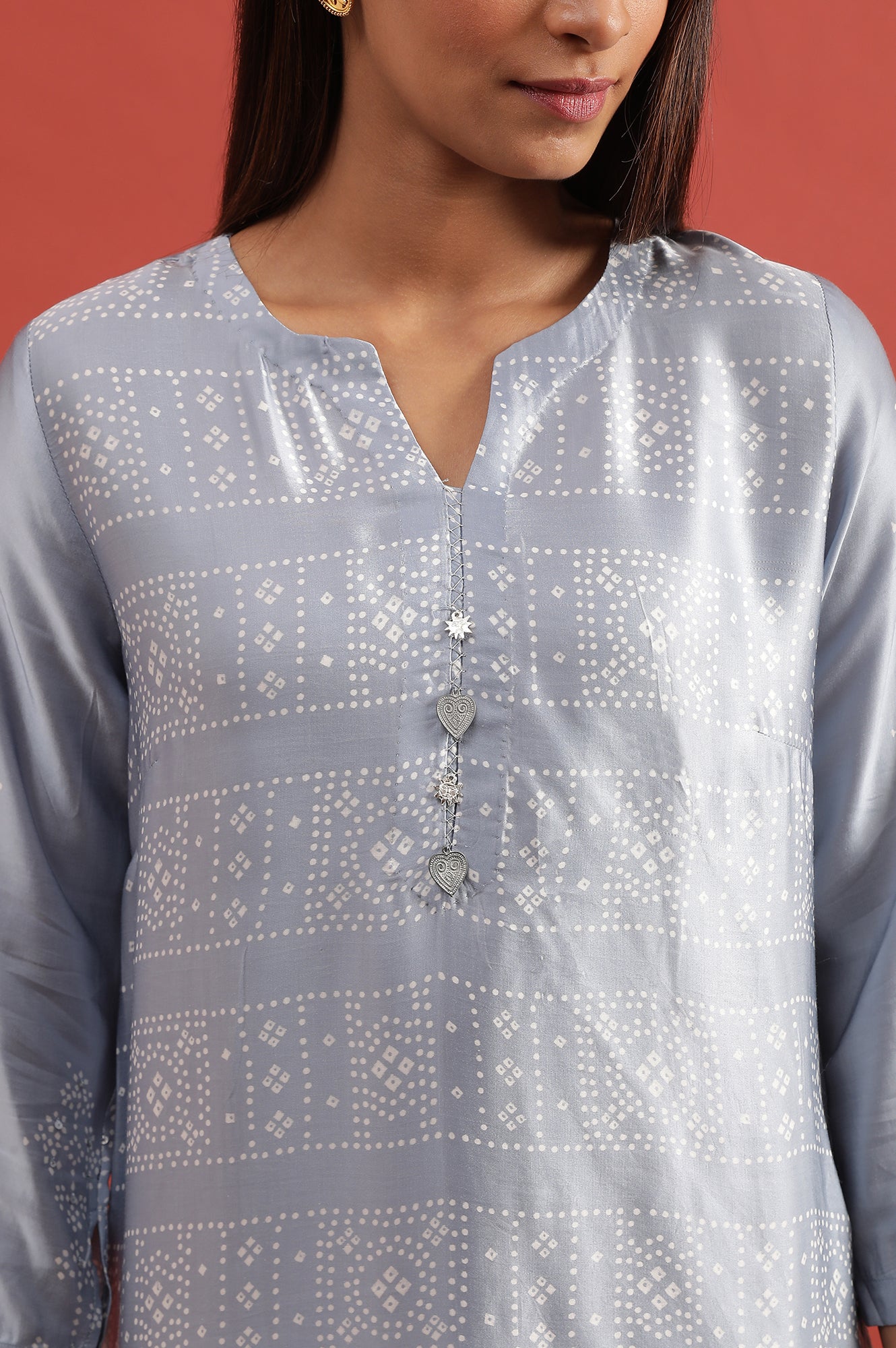 Blue Lustrous Hand Block Print Satin Kurta