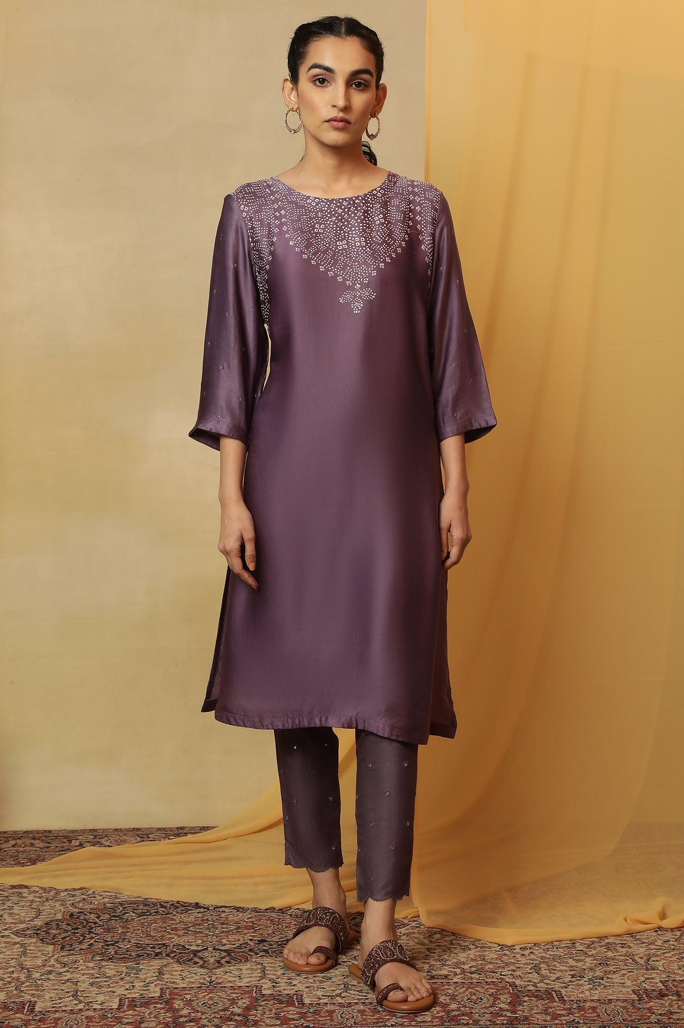 Purple Hand Block Placement Print Kurta - wforwoman