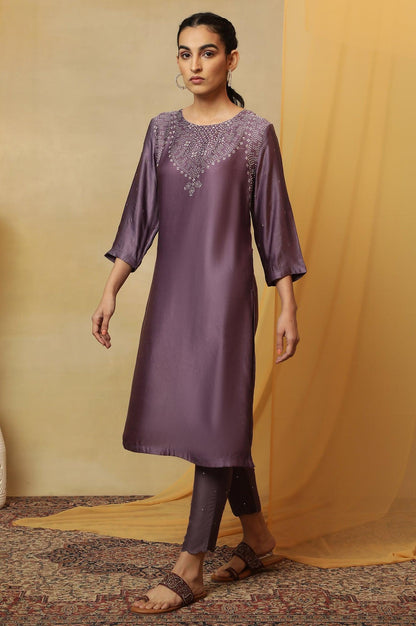 Purple Hand Block Placement Print Kurta - wforwoman