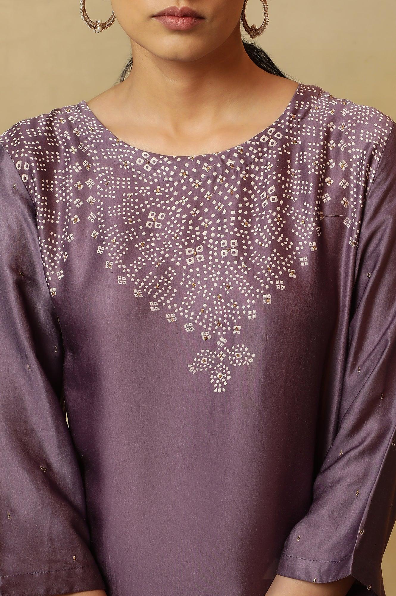 Purple Hand Block Placement Print Kurta - wforwoman