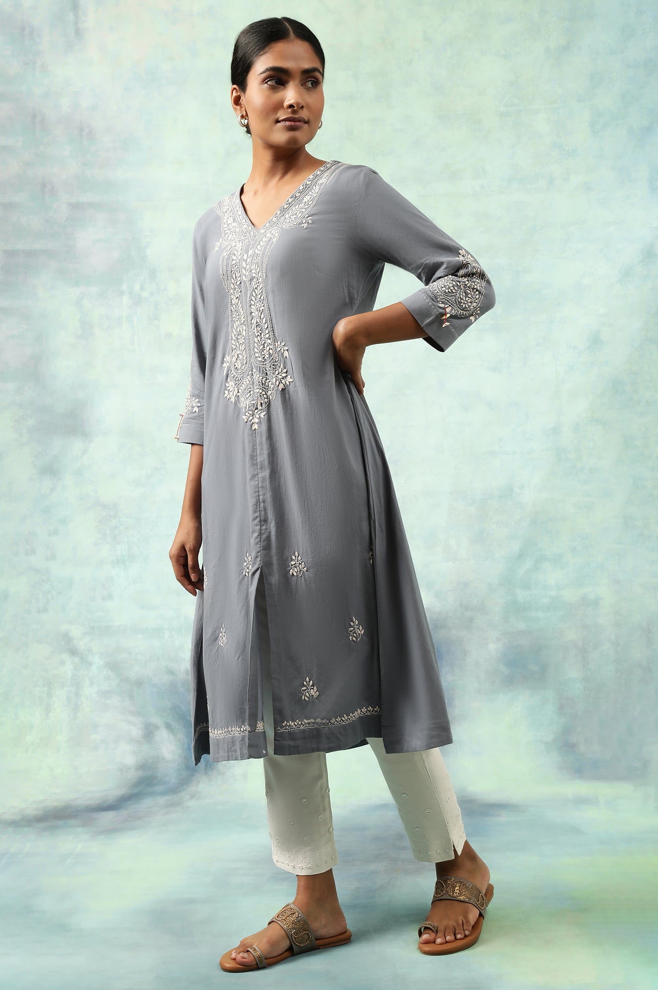 Blue Cotton Voile Chikankari kurta