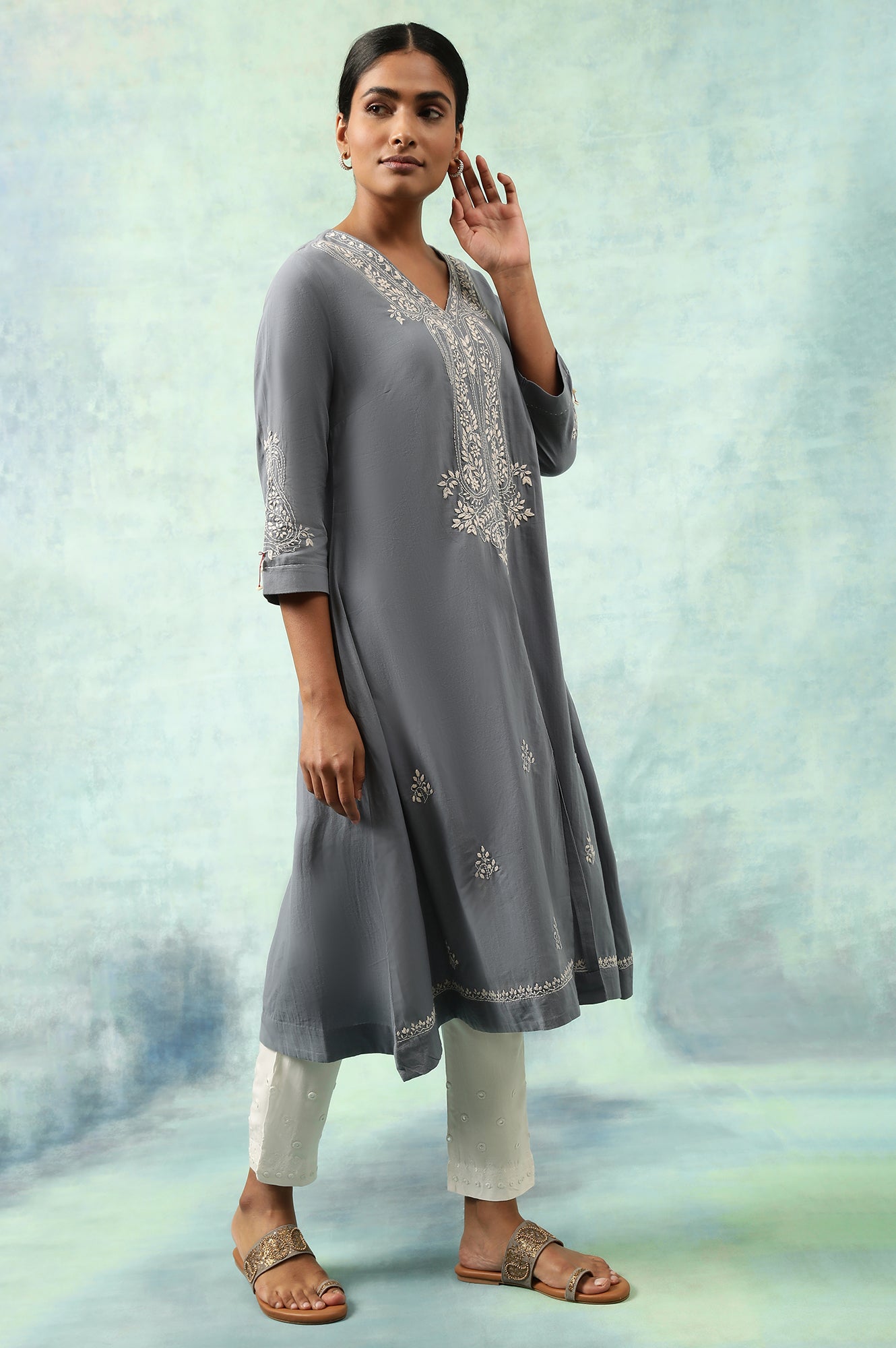 Blue Cotton Voile Chikankari kurta