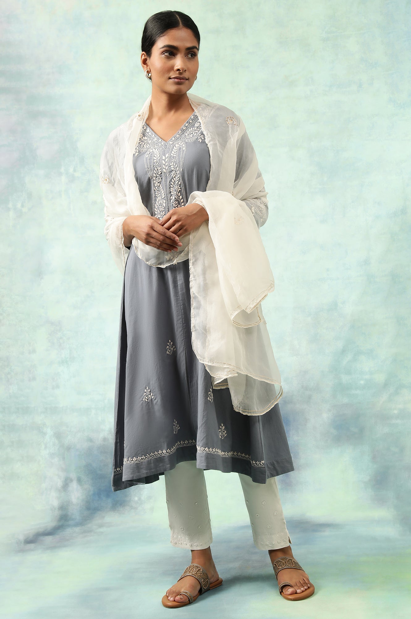 Blue Cotton Voile Chikankari kurta