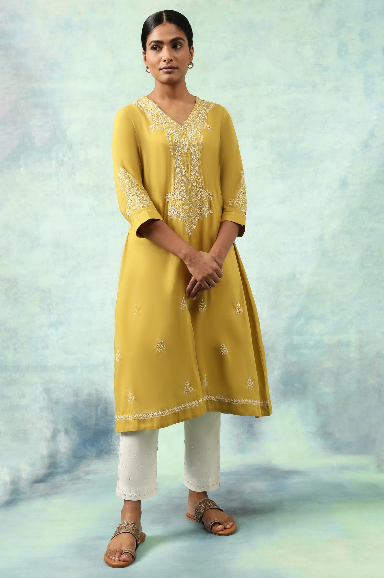 Green Cotton Voile Chikankari kurta