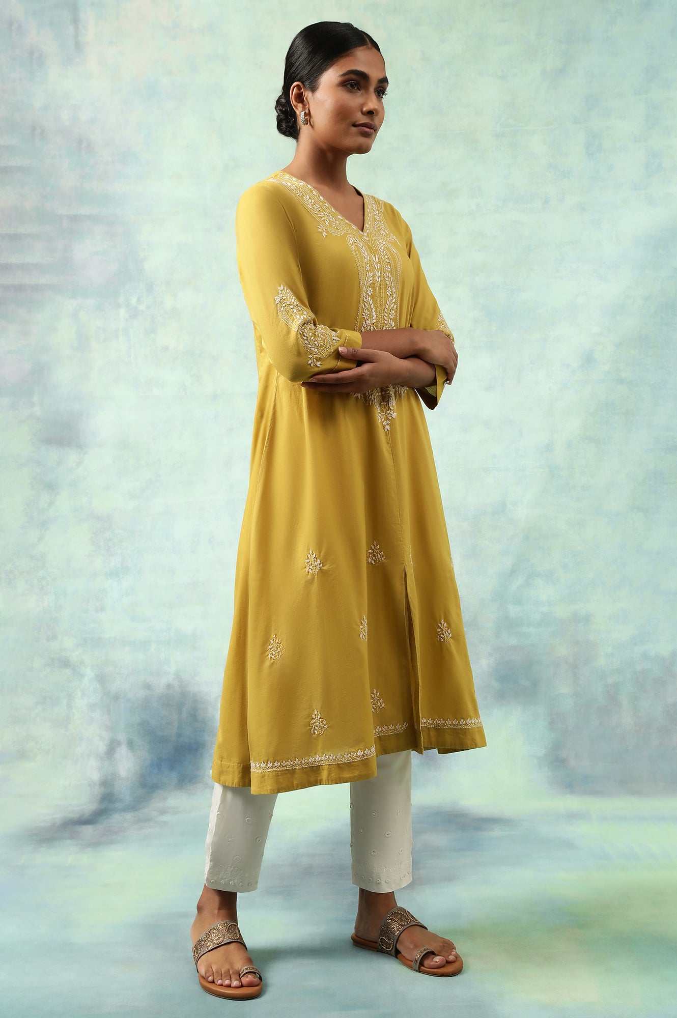 Green Cotton Voile Chikankari kurta