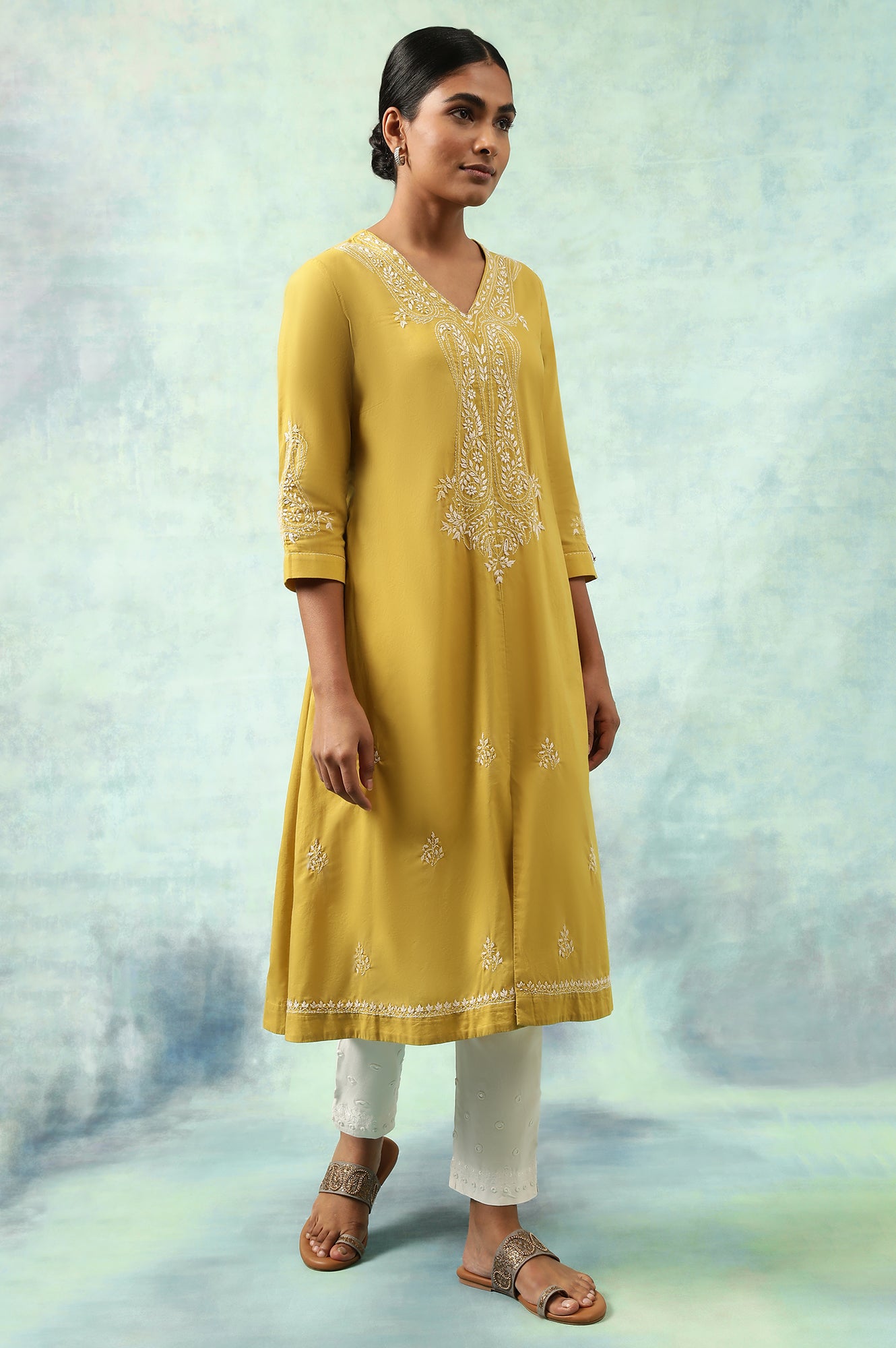 Green Cotton Voile Chikankari kurta