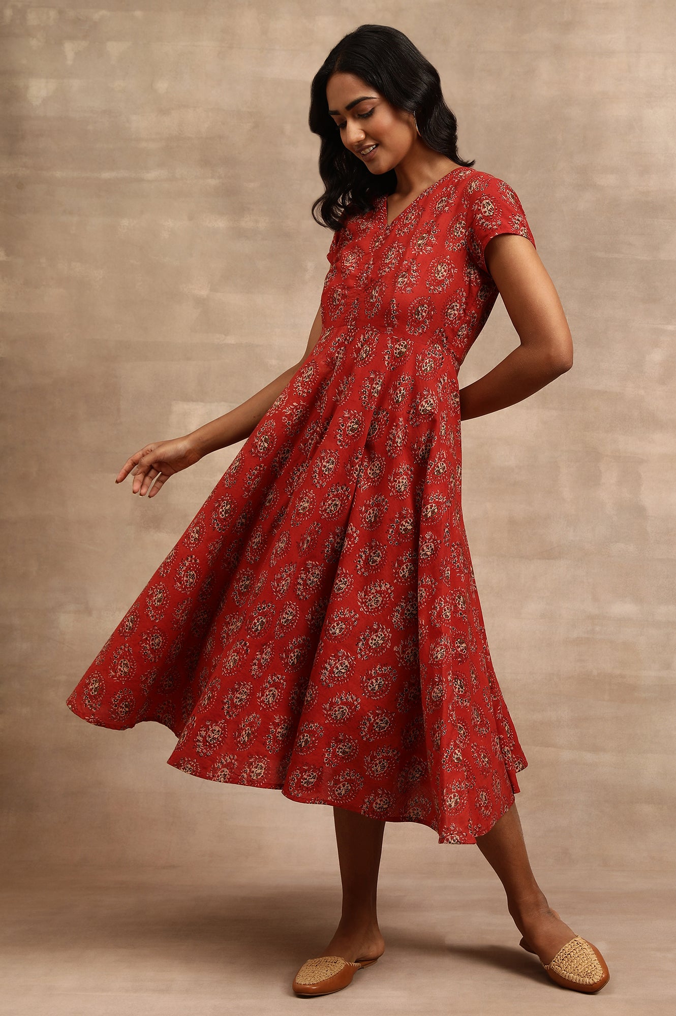 Red Hand Block Print Dress