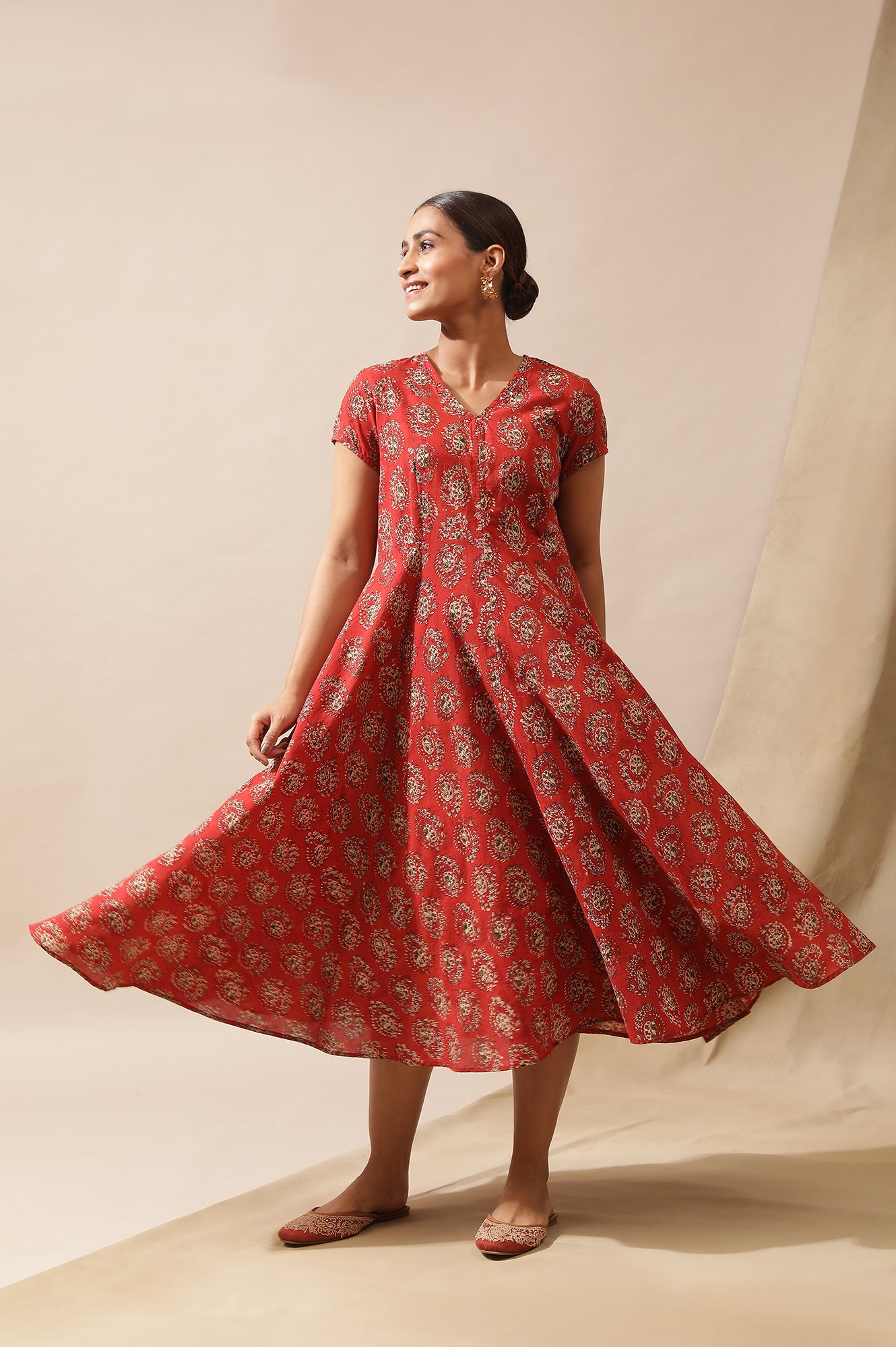 Red Hand Block Print Dress