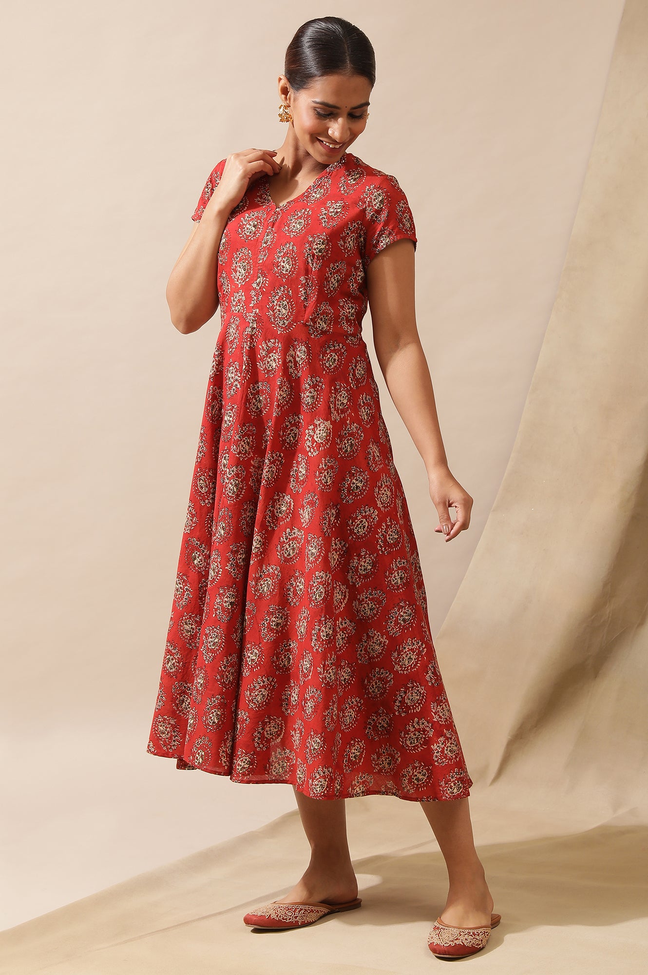 Red Hand Block Print Dress