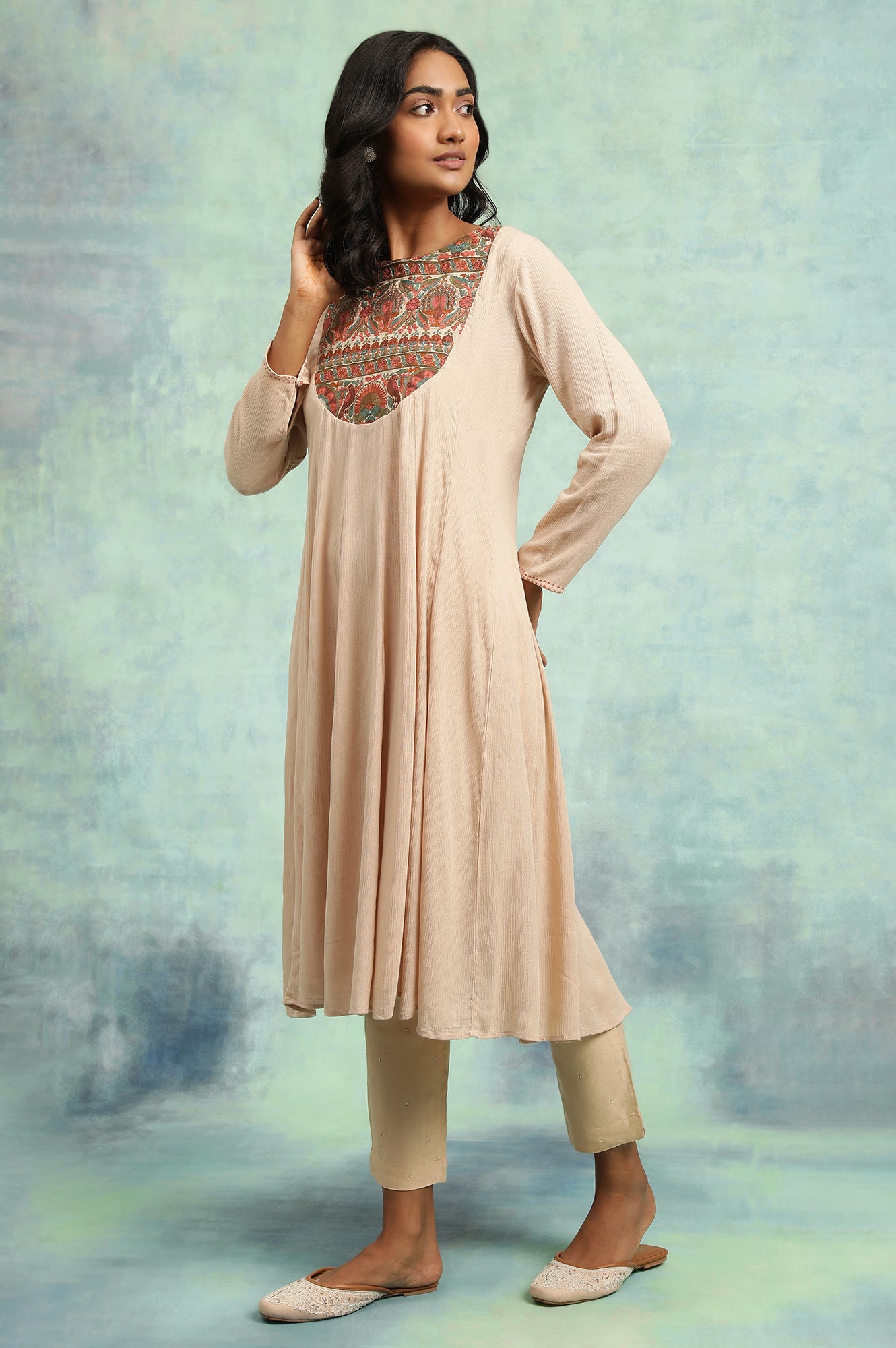 Flared Rayon Crepe kurta With Elaborate Embroidery