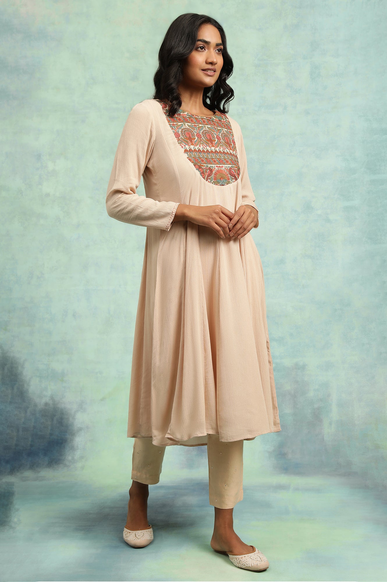 Flared Rayon Crepe kurta With Elaborate Embroidery