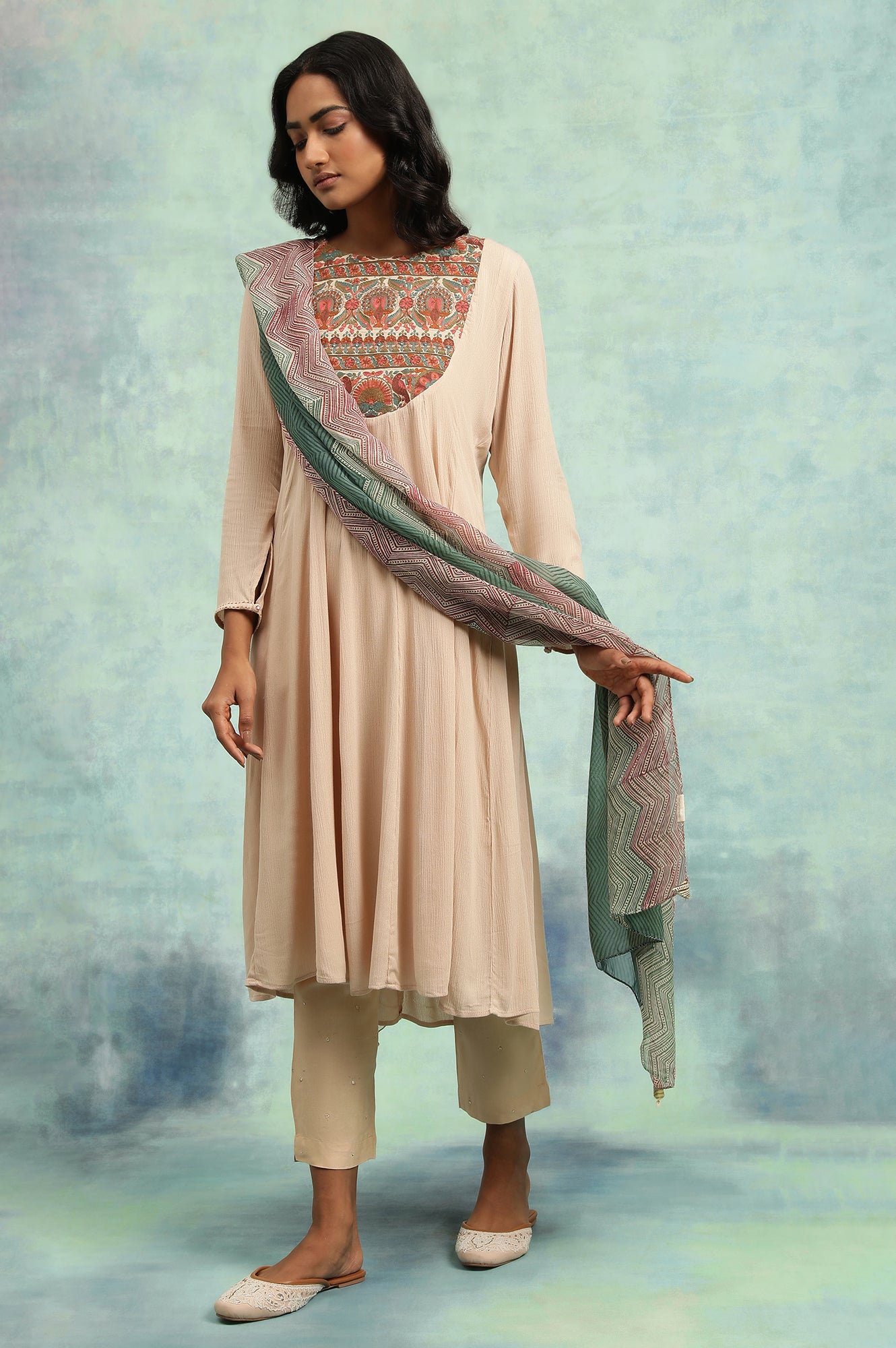 Flared Rayon Crepe kurta With Elaborate Embroidery