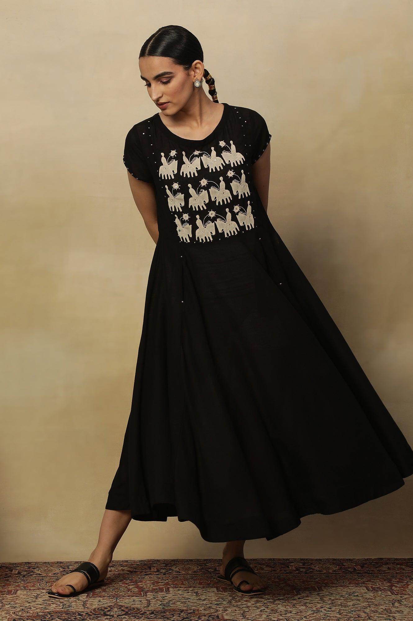 Black Modal Flax Applique Dress - wforwoman