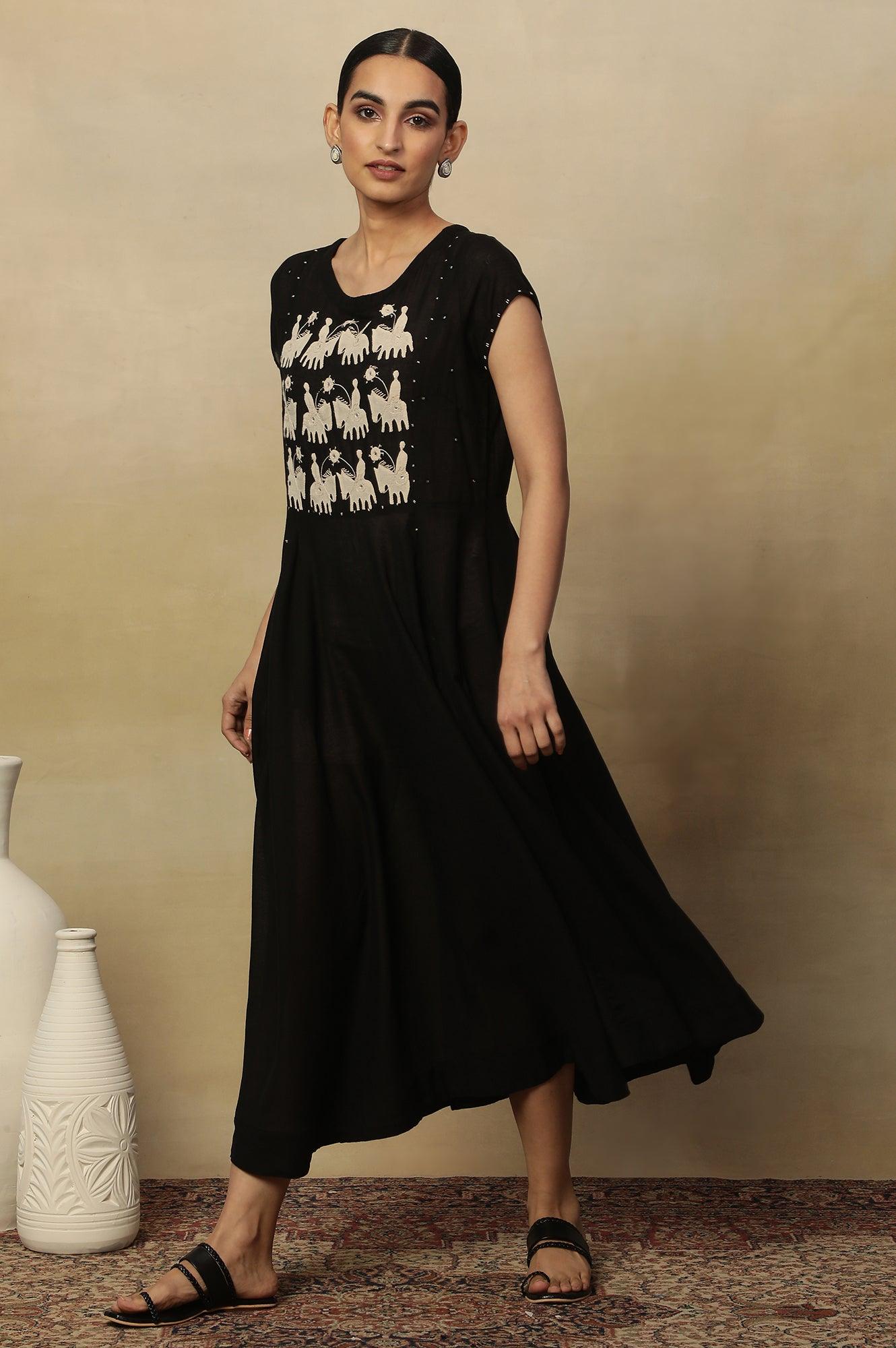 Black Modal Flax Applique Dress - wforwoman