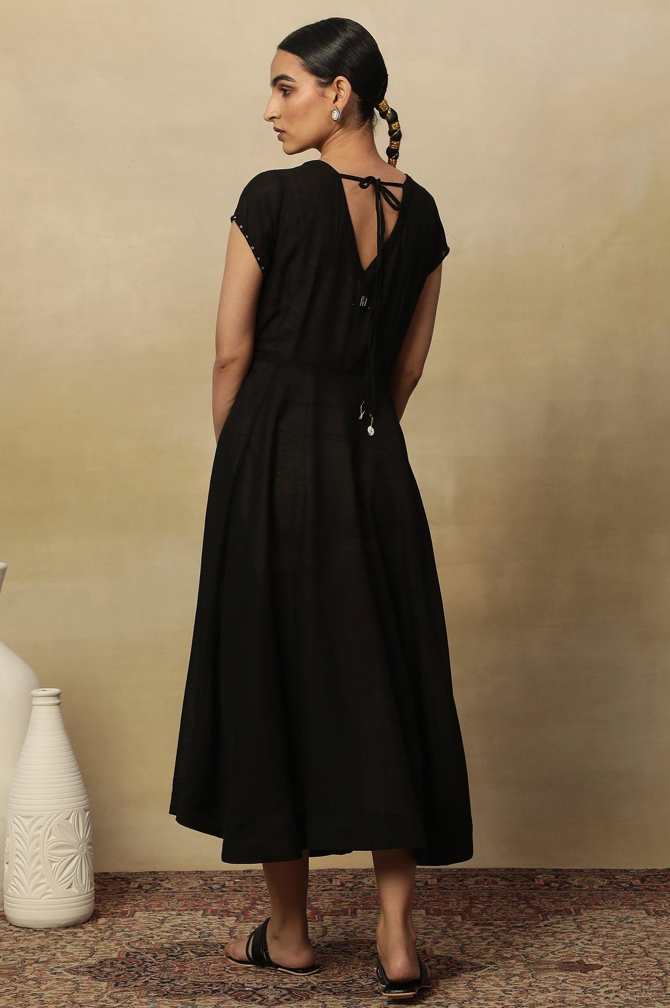 Black Modal Flax Applique Dress - wforwoman