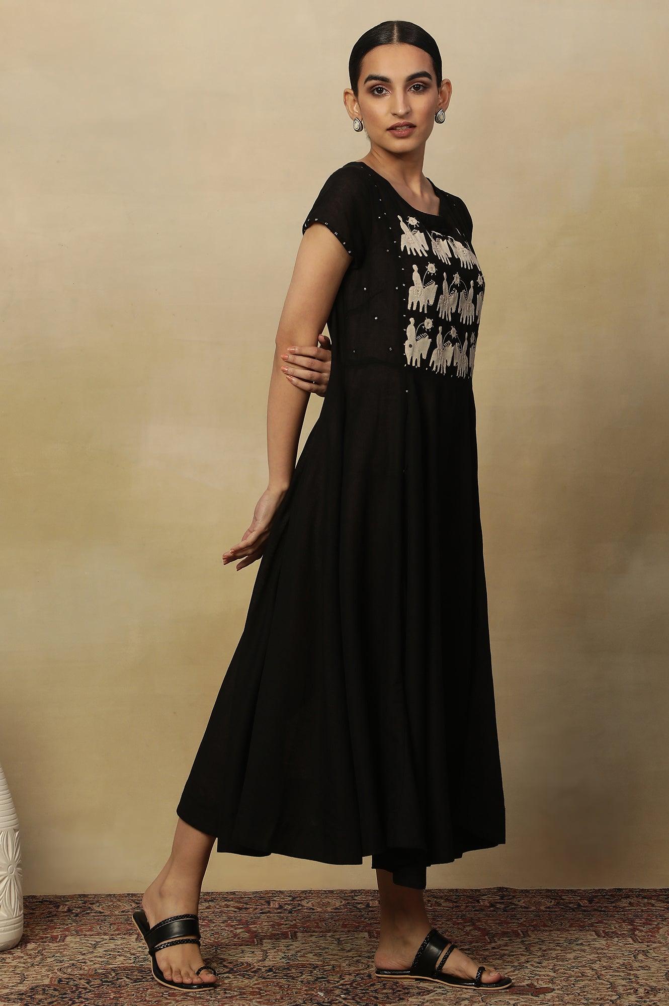 Black Modal Flax Applique Dress - wforwoman