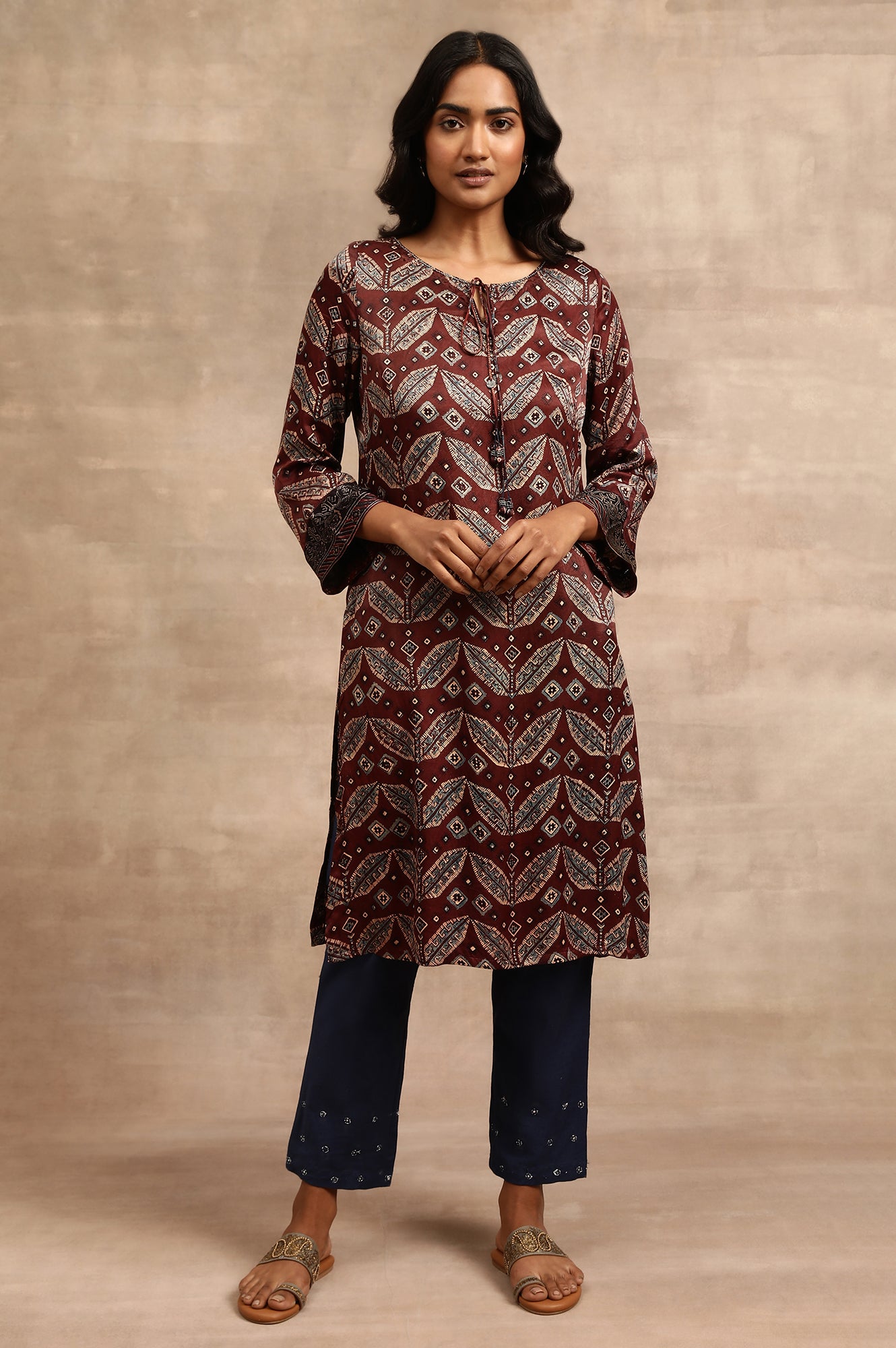 Brick Red Ajrakh kurta In Lustrous Satin