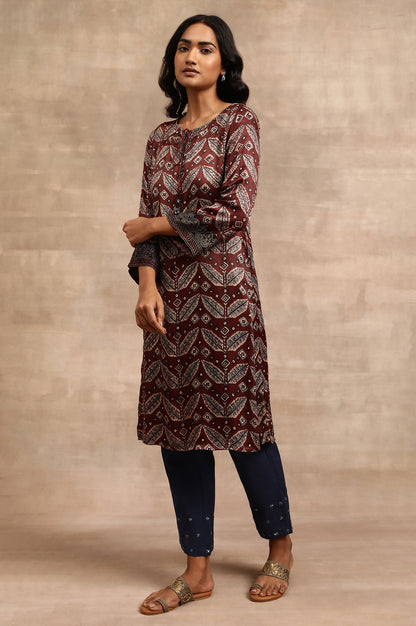 Brick Red Ajrakh kurta In Lustrous Satin