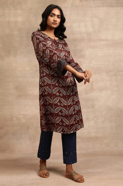 Brick Red Ajrakh kurta In Lustrous Satin