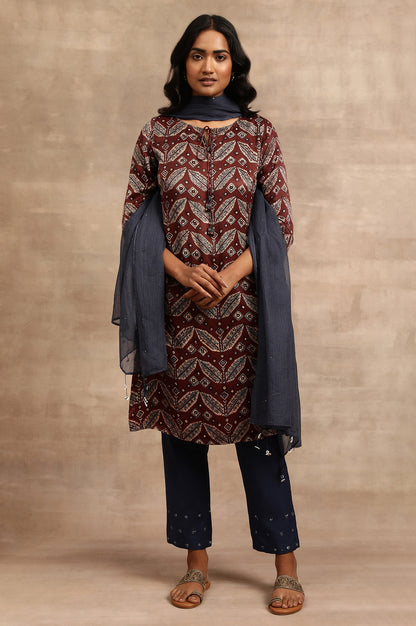 Brick Red Ajrakh kurta In Lustrous Satin