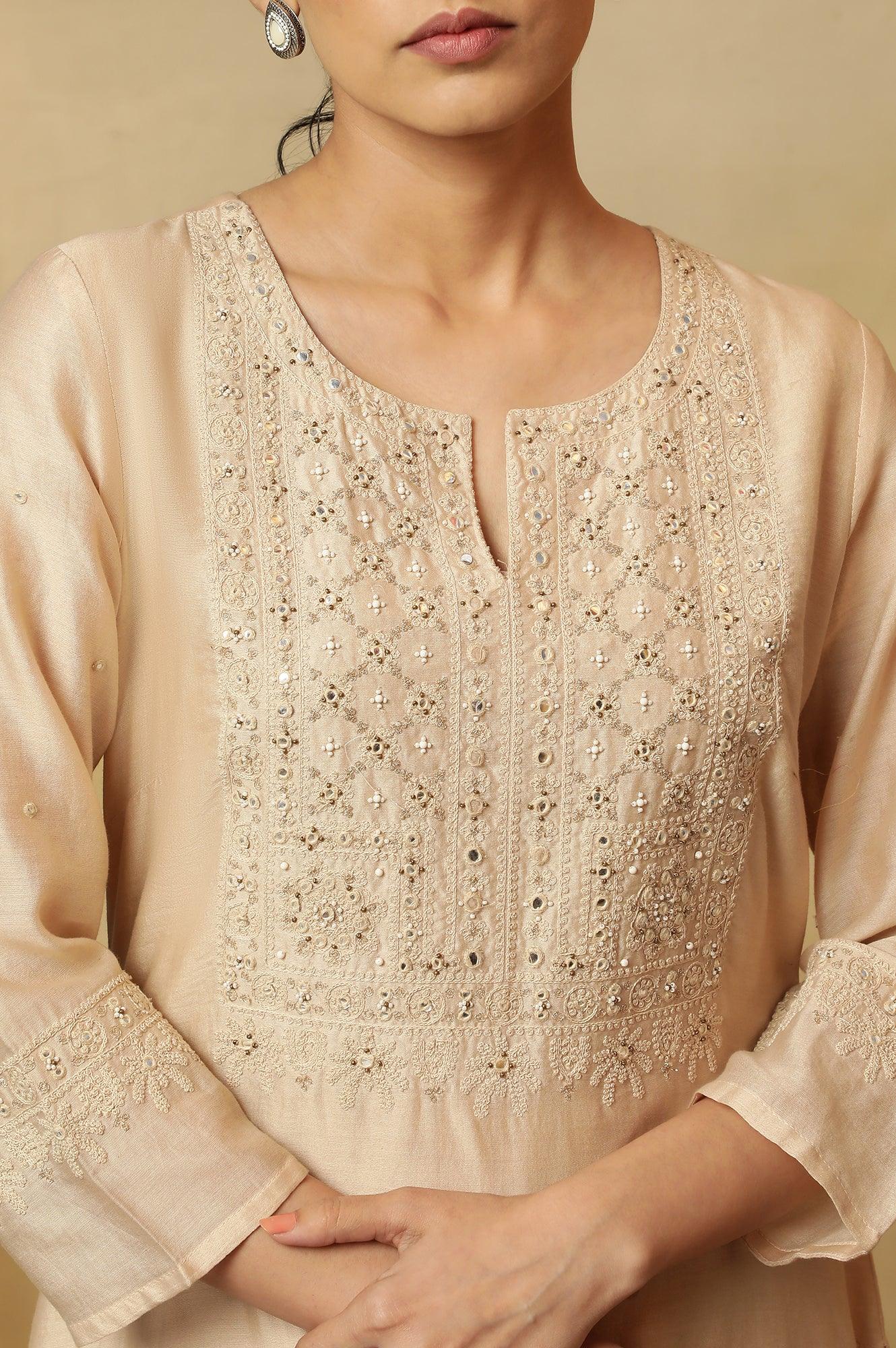 Beige Dori Embroidered Cotton Silk Kurta - wforwoman
