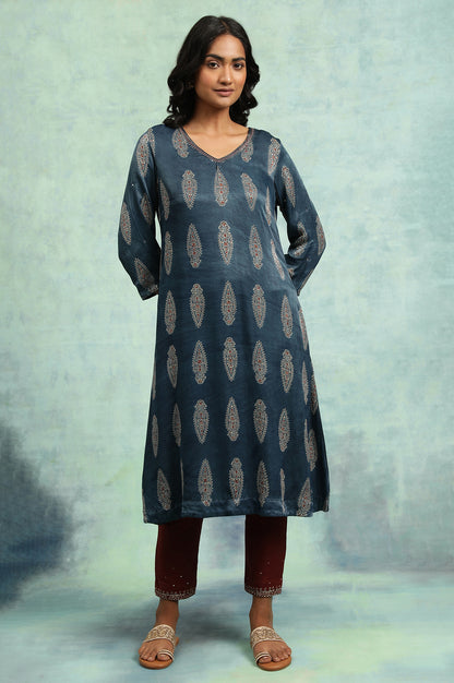 Indigo Ajrakh kurta In Lustrous Satin